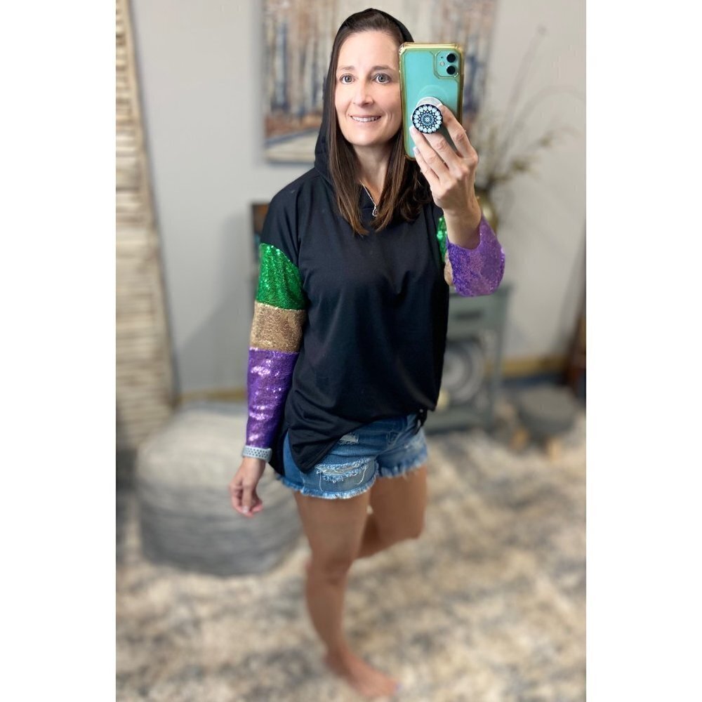 🎭Mardi Gras Sequined Hoodie Shirt Purple Green & Gold Black 0223